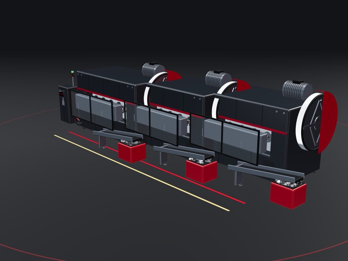CGI illustration: row of cold forging presses with marked walkways