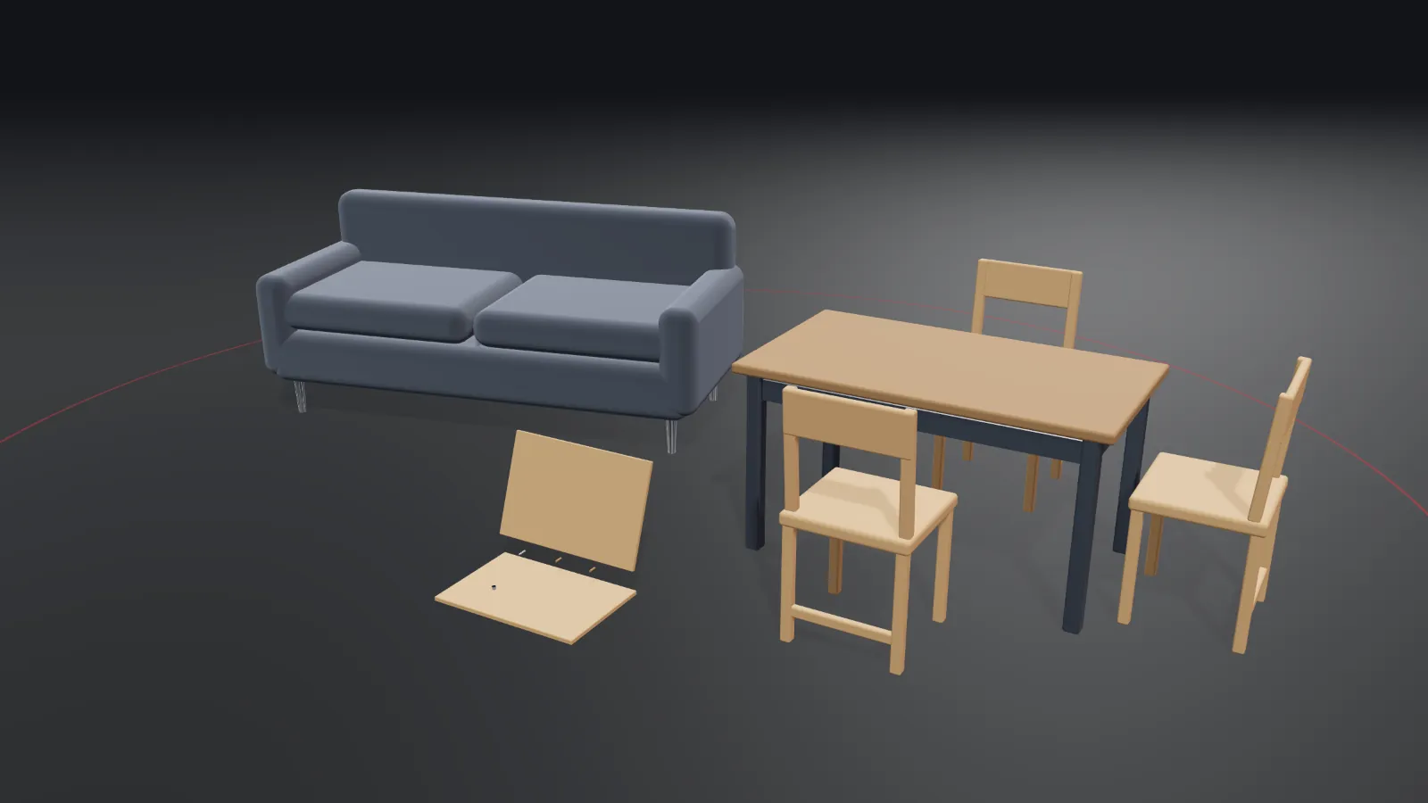 CGI scene — furniture manufacturing, with the places REL parts are used marked