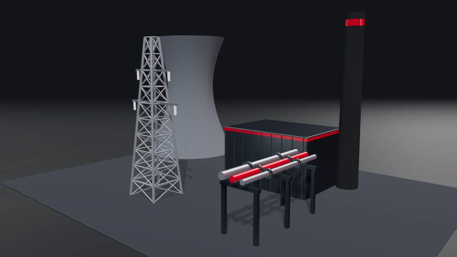 CGI scene — power plants & energy infrastructure, with the places REL parts are used marked