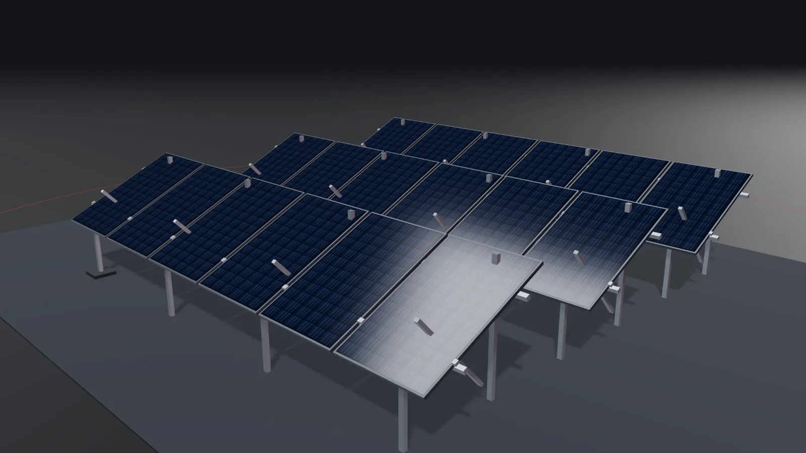 CGI scene — solar & renewable-energy structures, with the places REL parts are used marked